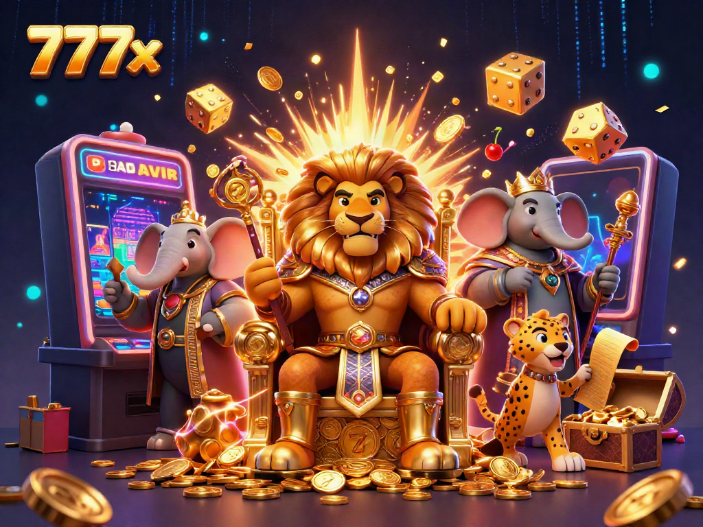 Experience the vibrant excitement of 777x casino with animated lion king and thrilling jackpot.