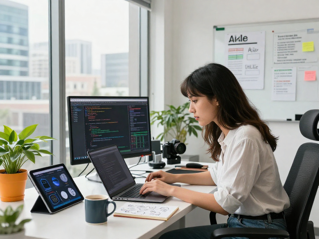 Focused software engineer utilizing juicy ai tools in a modern workspace filled with tech gadgets.