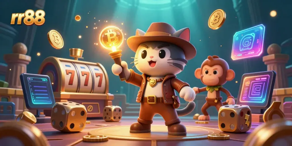 Discover thrilling jackpot opportunities at rr88 with 3D characters exploring a golden casino treasure.