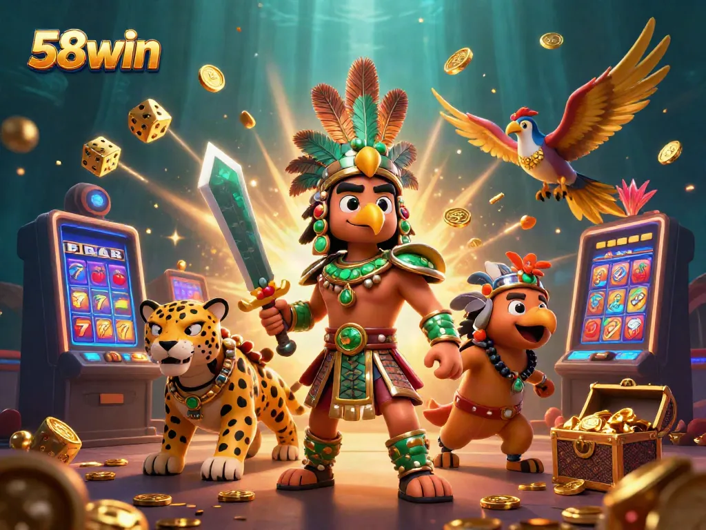 Experience the thrill of 58win with Aztec warriors and dynamic jackpot illustrations.