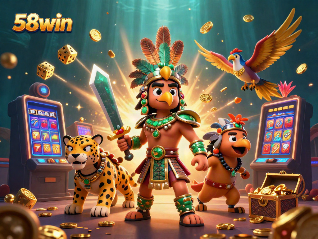 Experience the thrill of 58win with Aztec warriors and dynamic jackpot illustrations.