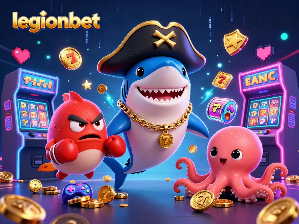 Play lively games at legionbet with a cartoon pirate shark, pufferfish, and octopus amidst vibrant slot elements.