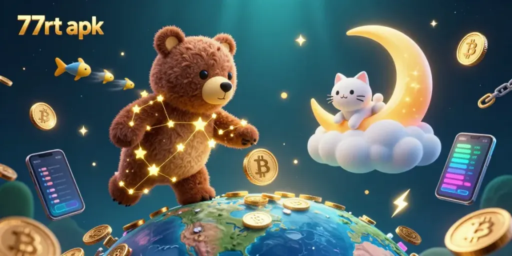 Play exciting games on 77rt apk with golden coins and crypto elements in a vibrant 3D scene.