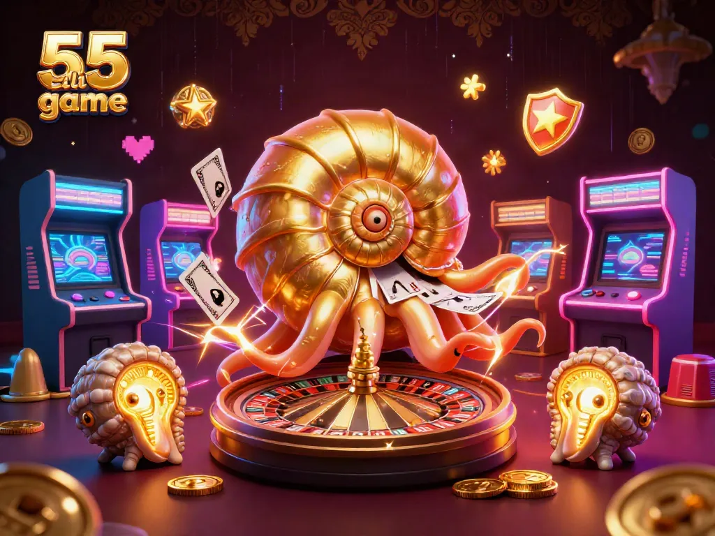 Engage in thrilling action with 55 club game featuring a vibrant 3D nautilus roulette and glowing casino elements.