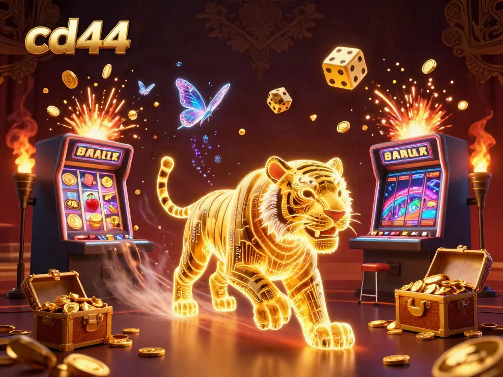 Spin the reels at cd44 casino with a neon wireframe tiger and jackpot excitement.