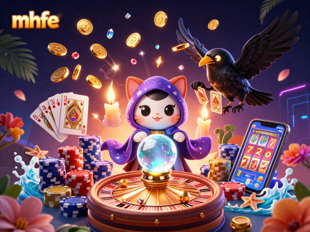The mhfe platform showcases a vibrant 3D illustration featuring a mystical cat and raven, surrounded by sparkling casino elements.