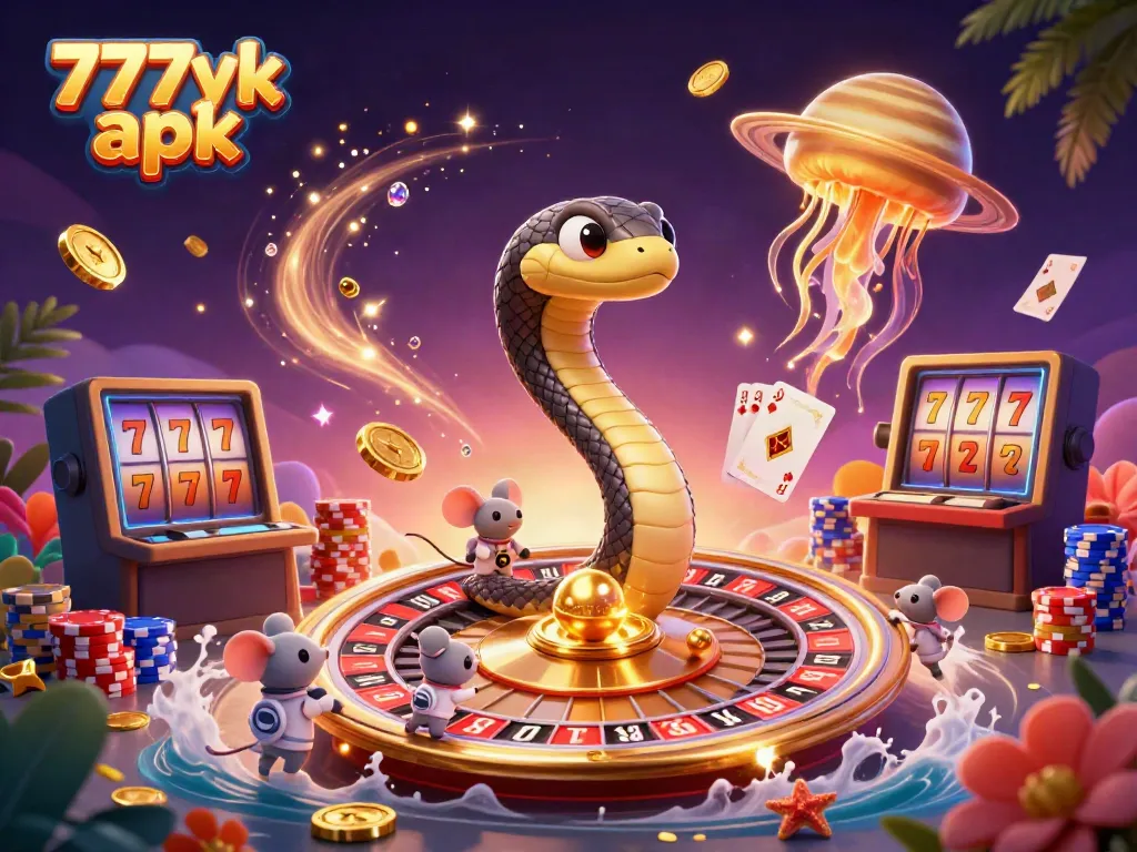Experience magical casino adventures with 777yk apk in an engaging space-themed setting with vibrant characters.