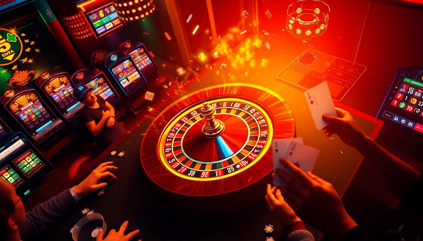 Experience the thrill of game bài đổi thưởng with a vibrant casino scene showcasing poker players and roulette excitement.