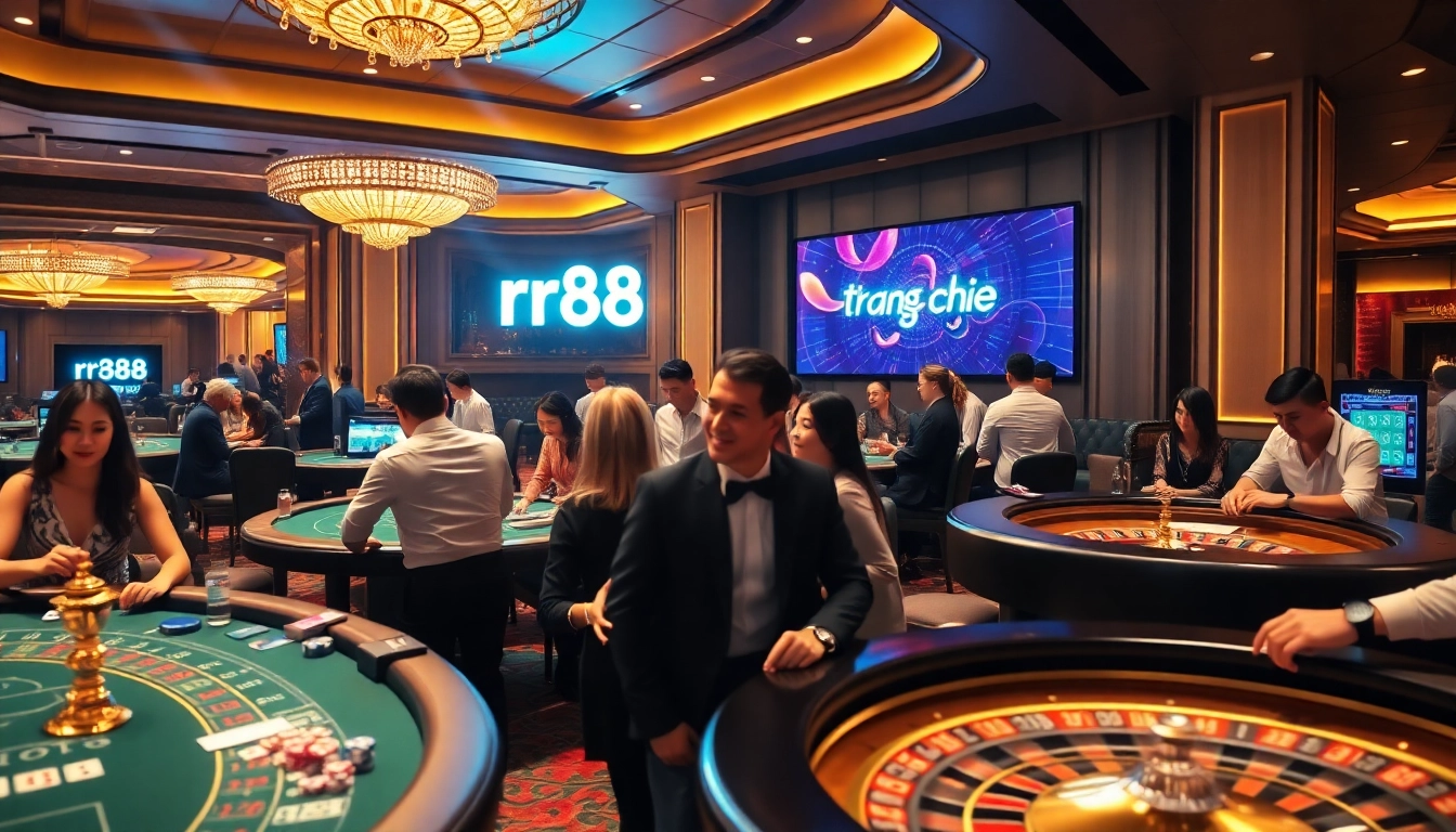 Experience the thrill of online gambling at trang chủ rr88 with poker tables and vibrant casino lights.