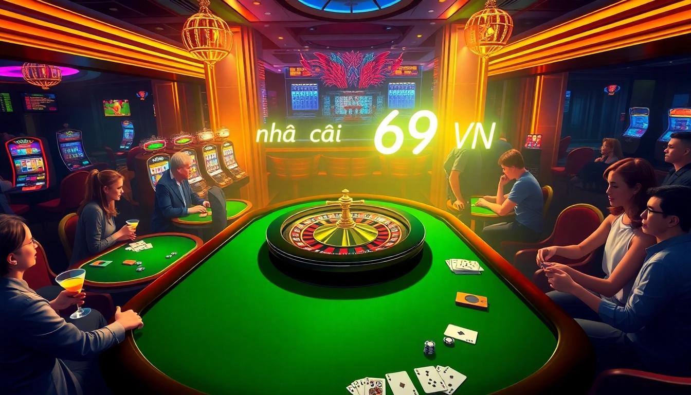 Explore the vibrant casino experience at nhà cái 69VN with roulette and excited players betting at tables.
