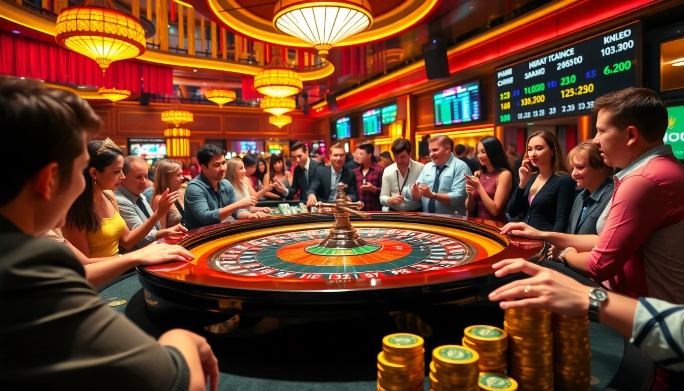 Vivid scene of a bustling roulette table at a Nhà cái uy tín casino, showcasing players' excitement and vibrant action.
