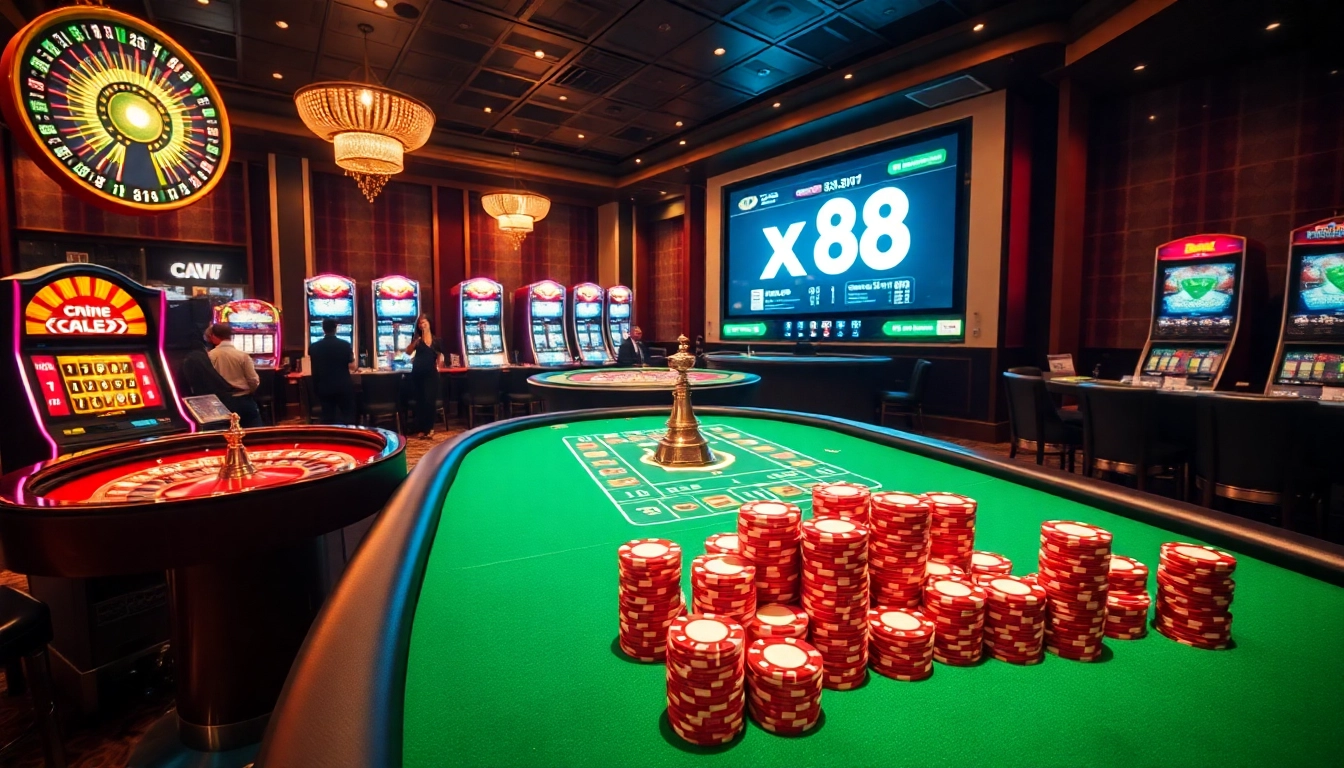 Exciting casino scene featuring xx88 with roulette, slot machines, and poker chips.