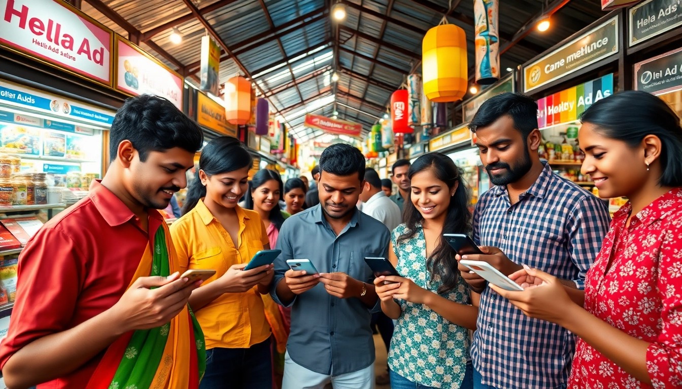 Engaged users browsing Hela Ads in a vibrant Sri Lankan marketplace.