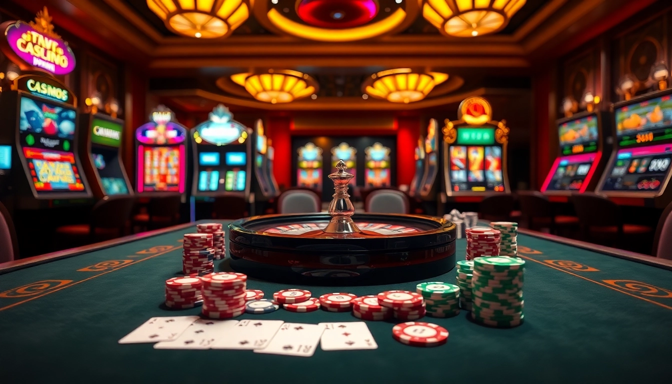 Gambling excitement at Trang Chủ BJ88 with a vibrant casino table and roulette wheel.