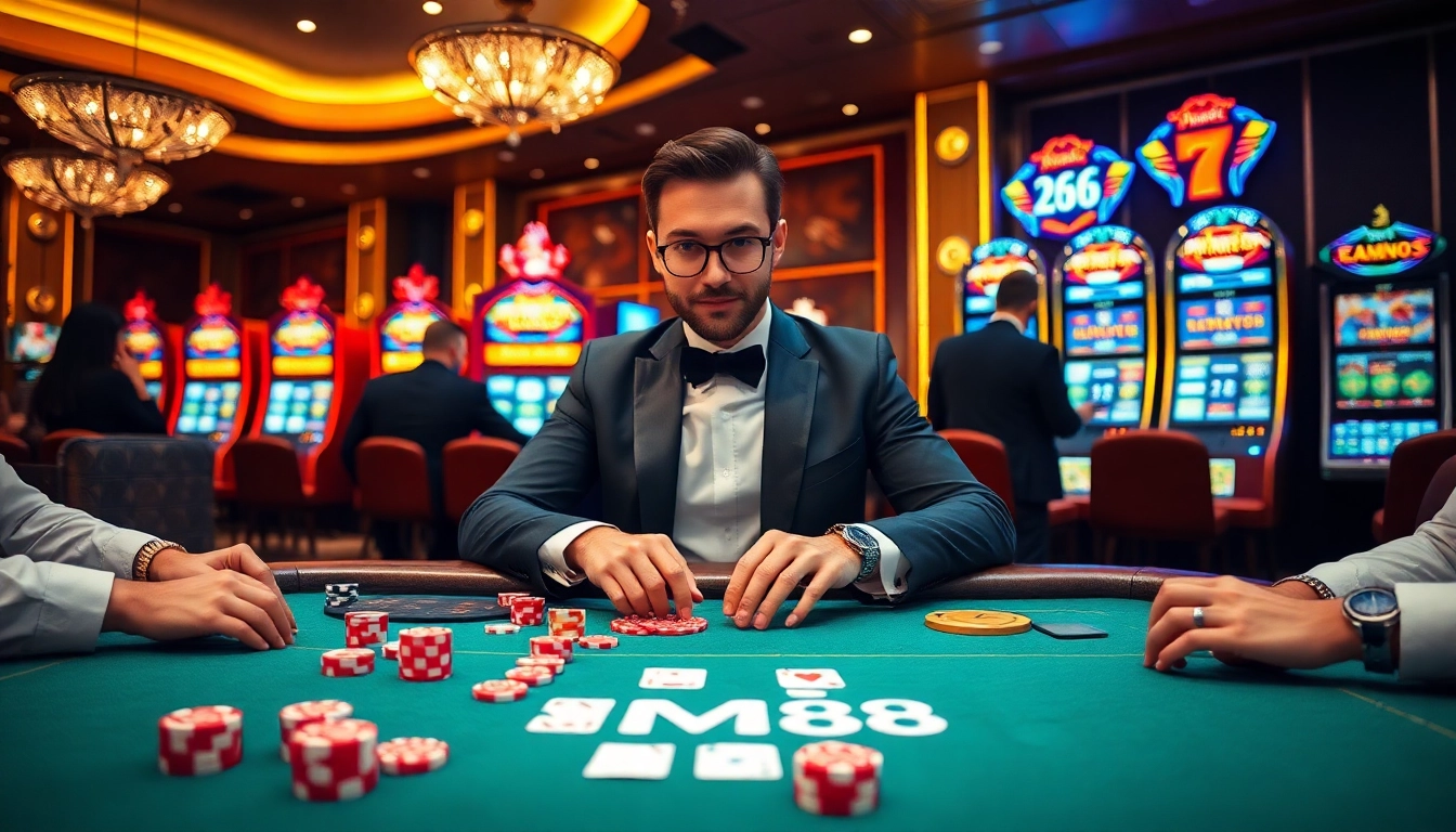 Experience high-stakes gaming at MM88 casino with poker chips and a vibrant table setup.