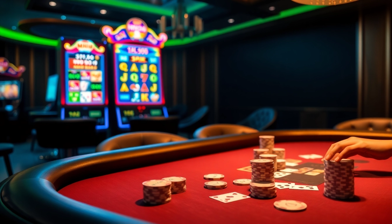 Experience the excitement of MM88 with a vibrant poker table and slot machines.