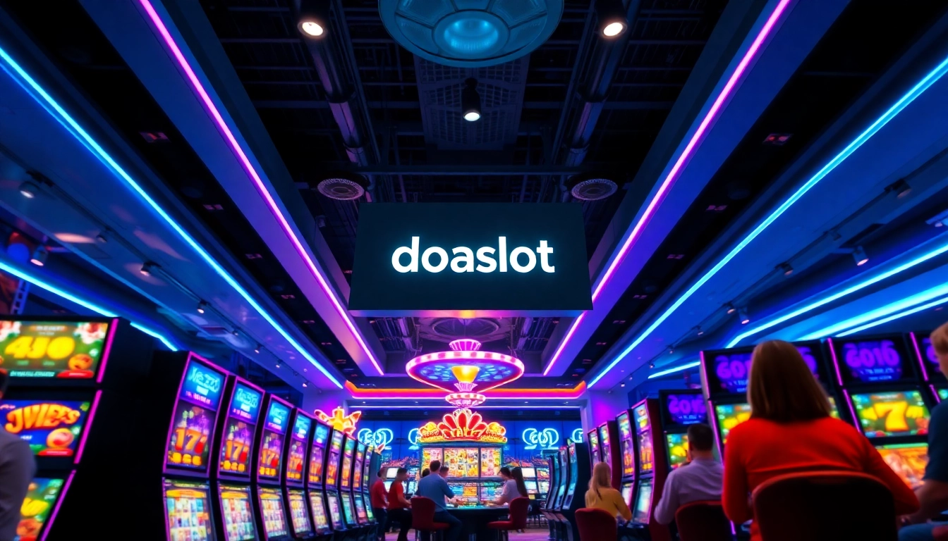 Engaging scene of players at a doaslot gaming machine in a vibrant online casino setting.