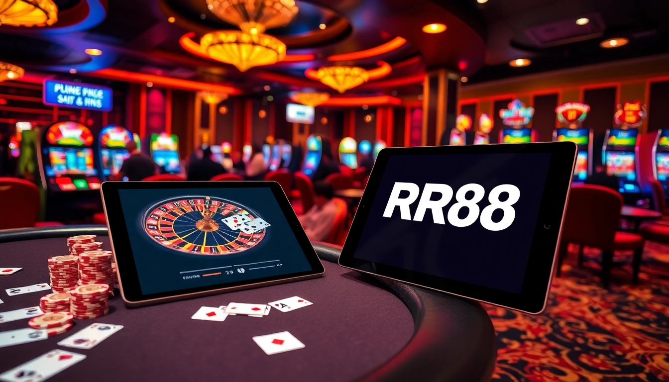 Experience RR88 excitement with vibrant casino games and a luxurious poker setting.
