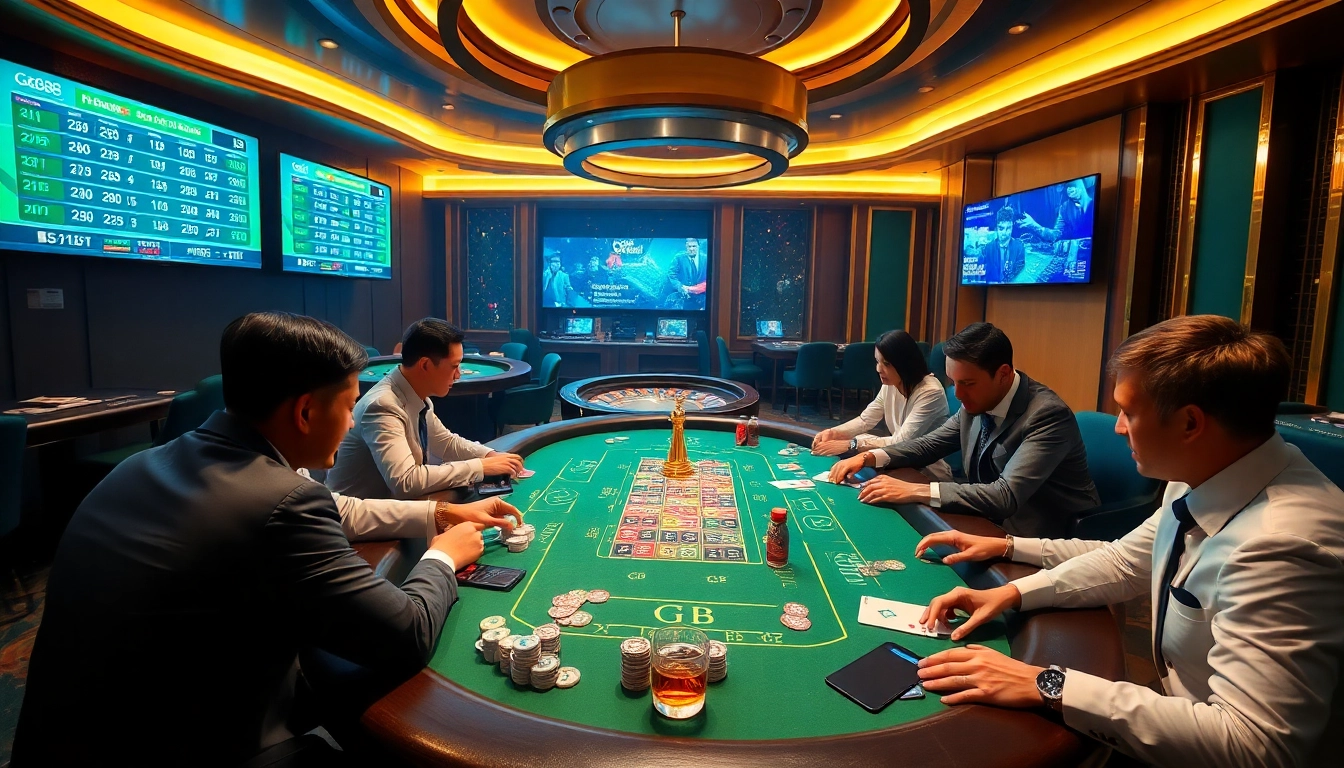 Exciting GG88 gaming experience at a luxurious casino table with poker and roulette.