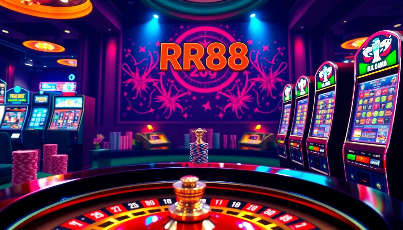 Exciting gambling scene featuring RR88 with roulette and slot machines in a luxurious atmosphere.