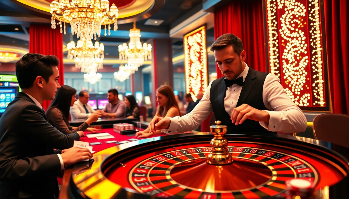 Experience excitement at https://f168.us/ with players engaging in a thrilling roulette game in a lush casino.