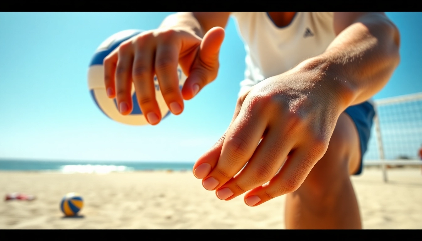 Volleyball thumb taping technique demonstrated by an athlete on a beach court.