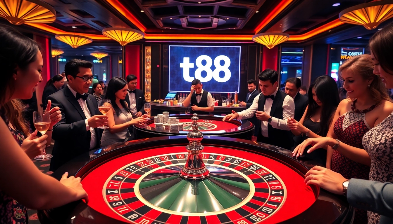 Excited gamblers enjoying a luxury gaming experience at tv88 casino with roulette, chips, and drinks.