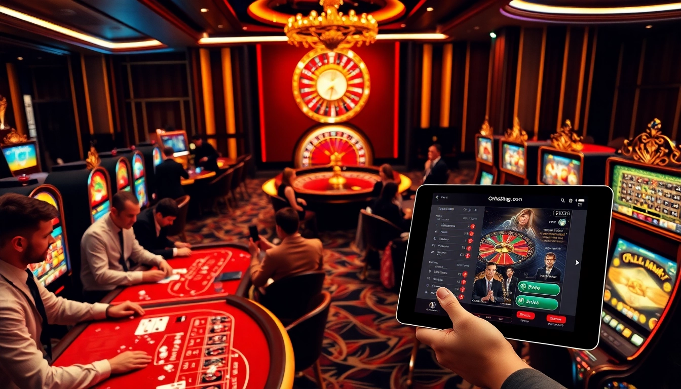Exciting casino scene showcasing professional betting at ok8386a.com with vibrant tables and slot machines.