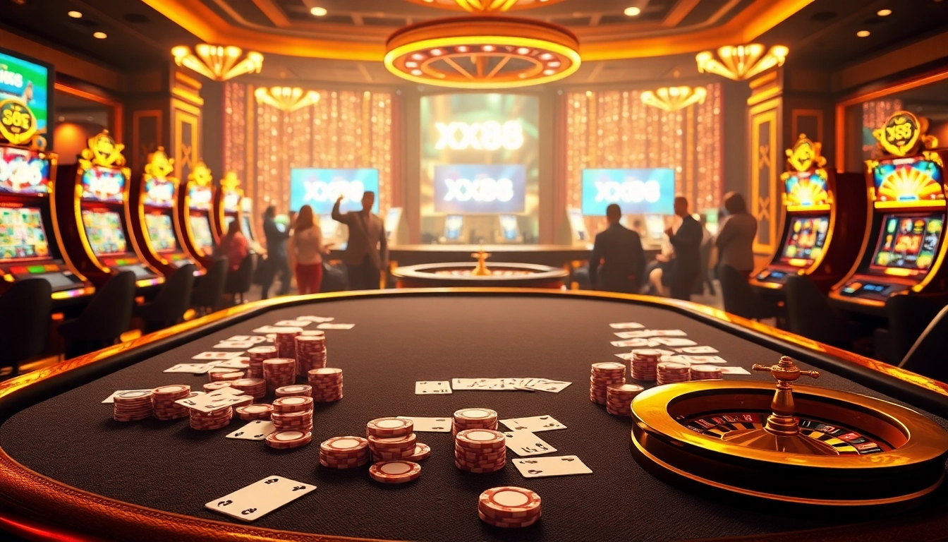 Exciting online gambling scene at https://xx88.boats/ with poker chips and vibrant casino tables.
