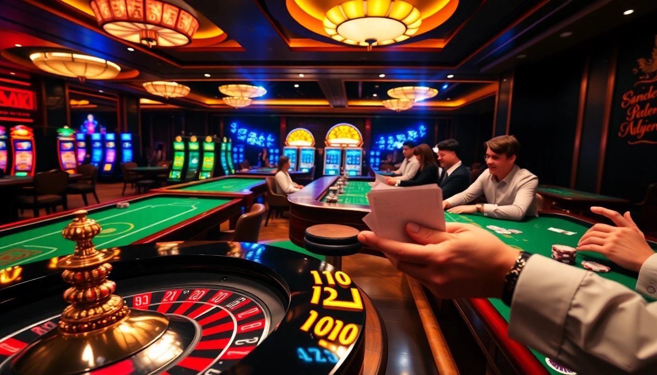 Experience exhilarating gameplay at MM88, featuring vibrant casino tables, spinning roulette wheels, and engaging players.