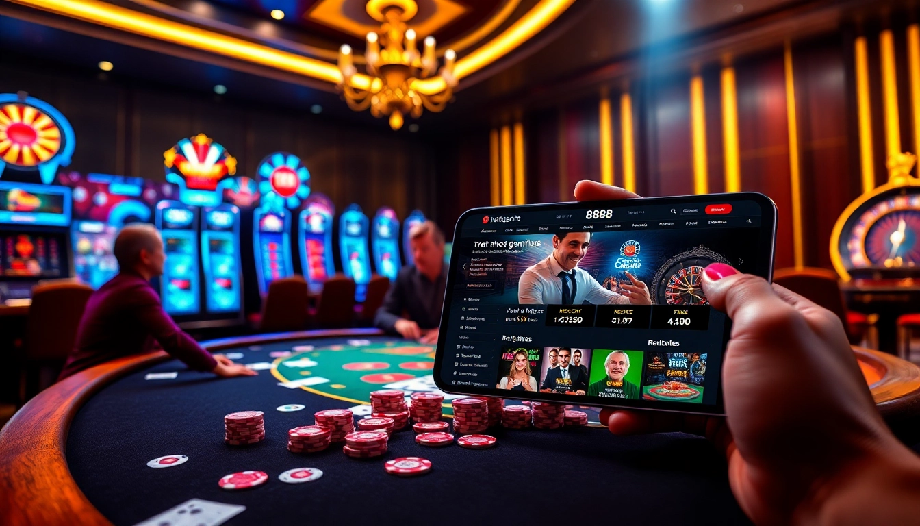 Action-packed poker game at nhà cái 888b showcasing vibrant casino elements.