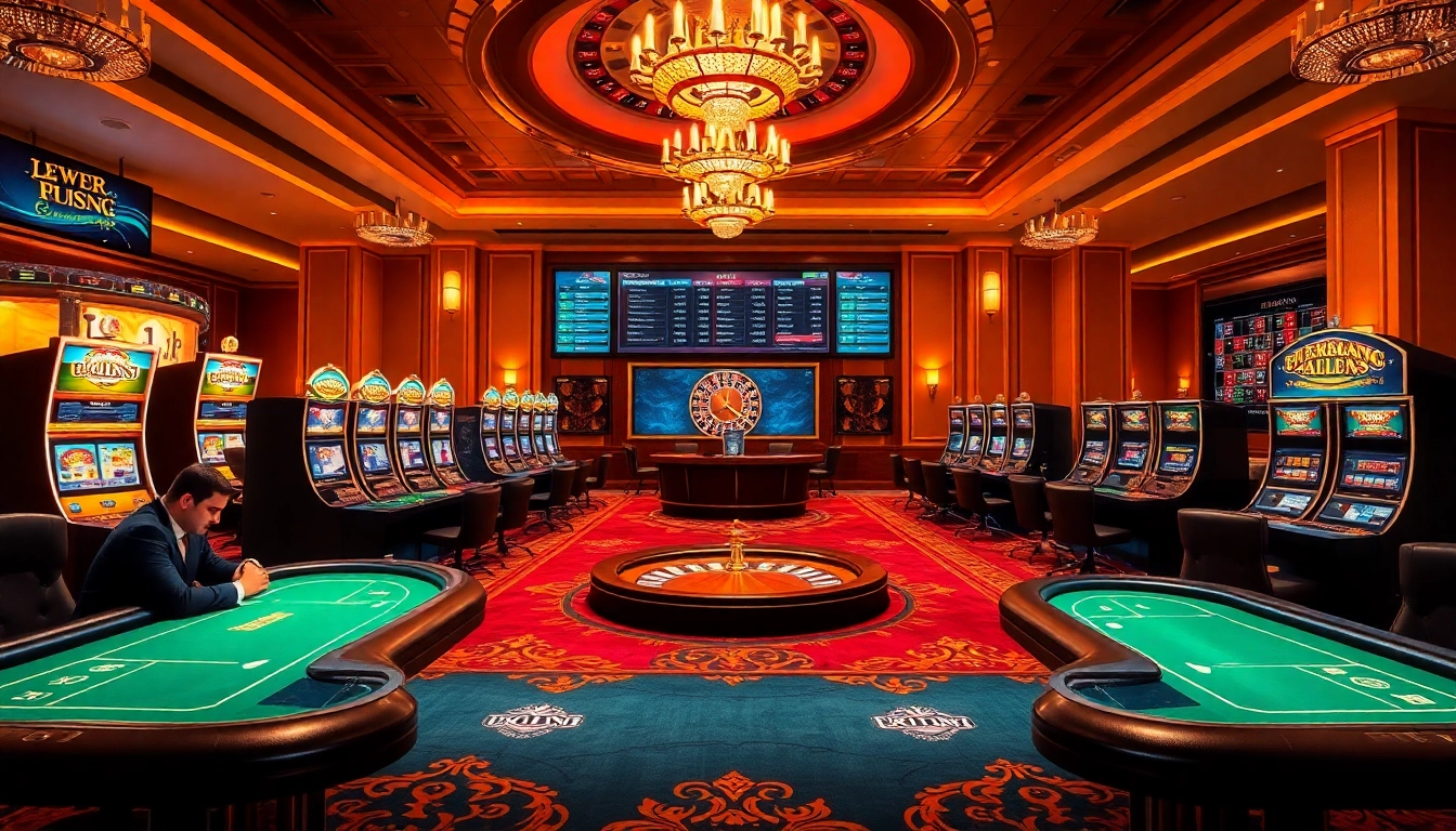 KJC casino scene with poker tables, slot machines, and roulette for an engaging gambling experience.