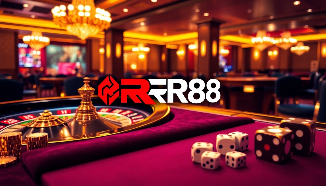 Experience the thrill of RR88 with vibrant gaming elements, including roulette and poker chips.