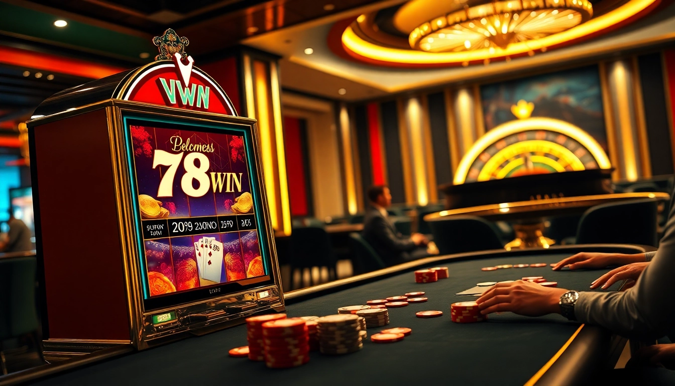 Gamble at 78WIN's exciting slot machines and poker tables in a luxurious casino setting.