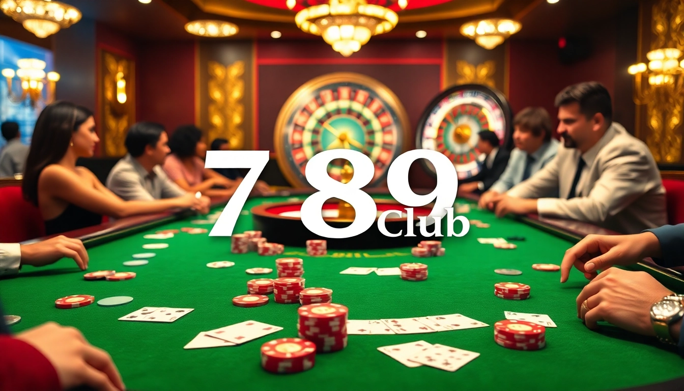 Gambling excitement at 789 Club with poker chips, vibrant casino tables, and roulette wheel.