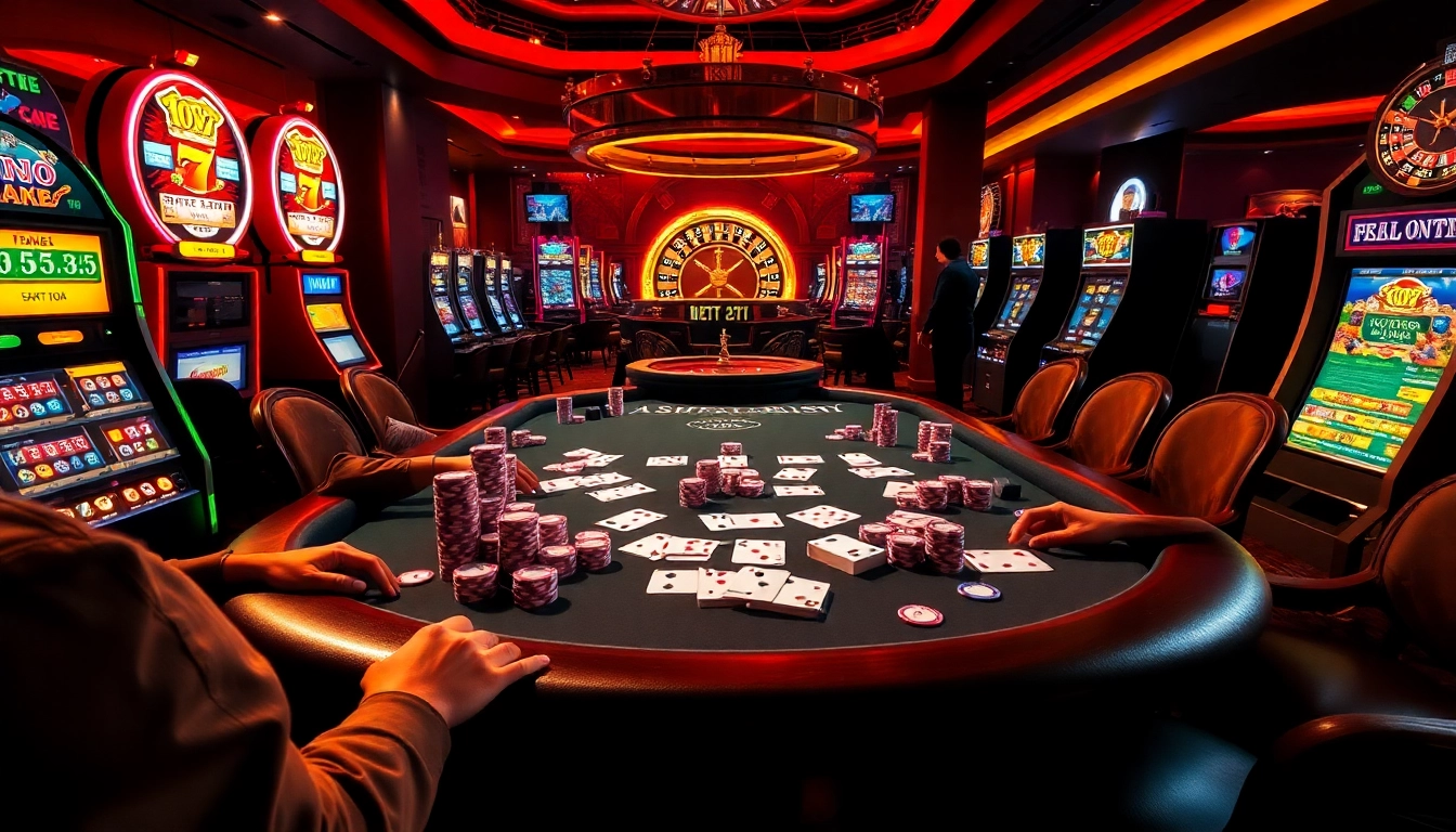 Exciting casino scene featuring a high-stakes poker table and 상품권카드 elements, showcasing vibrant gambling activities.