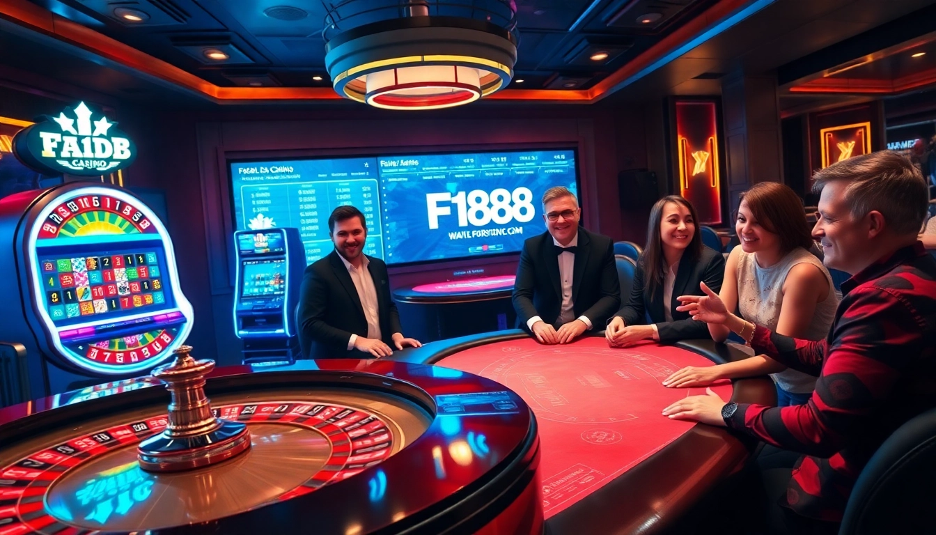 F168 casino scene displaying enthusiastic players at a roulette table and slot machine.