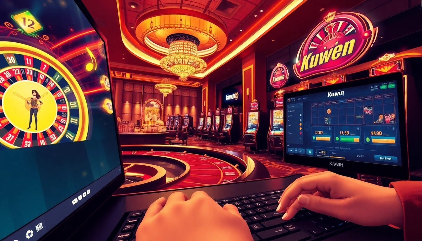 Kuwin gaming scene with dynamic casino elements like roulette and poker table.