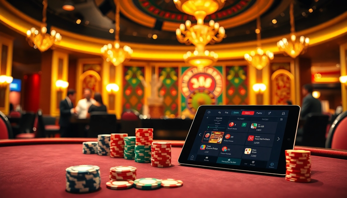 Engaging gaming scene at Nhà cái Hi88 with poker players and a spinning roulette wheel.