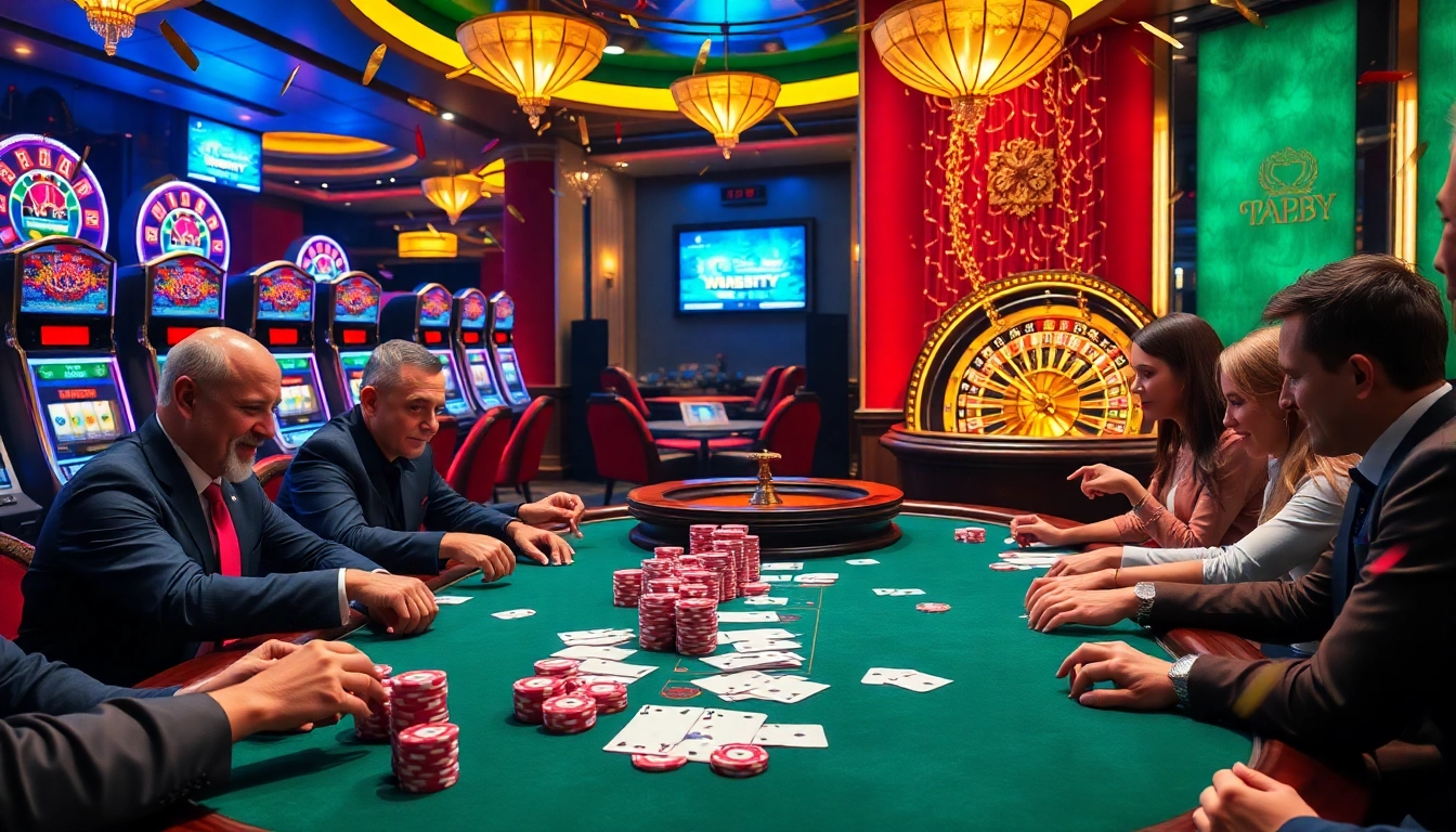 Gamblers enjoying an exciting high-stakes game at https://vnew88.vip/ casino, showcasing vibrant cards and poker chips.