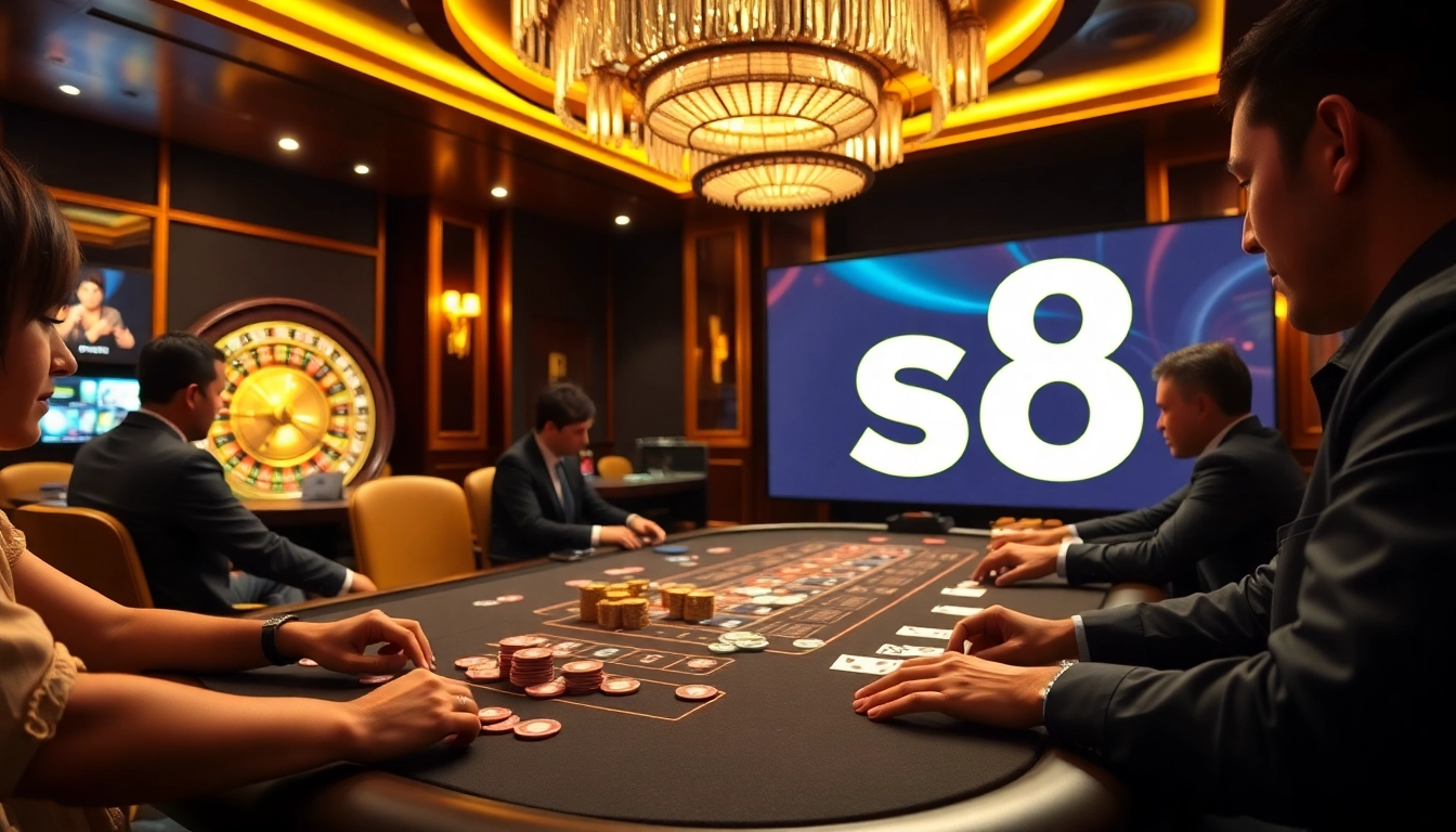 Players enjoying poker at a luxurious casino table with "s8" branding displayed.