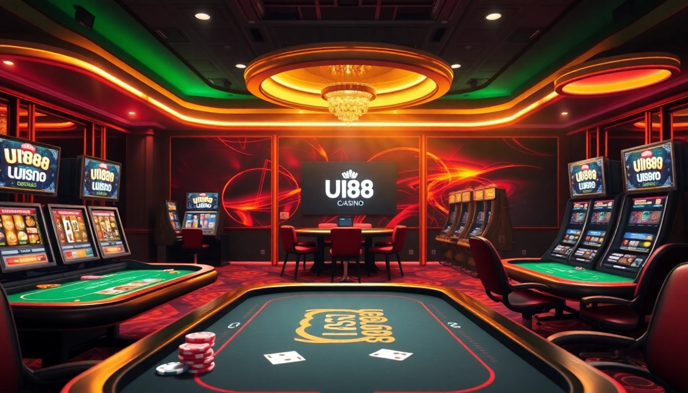 UU88 online casino interface showcasing virtual poker tables and slot machines in a luxurious setting.