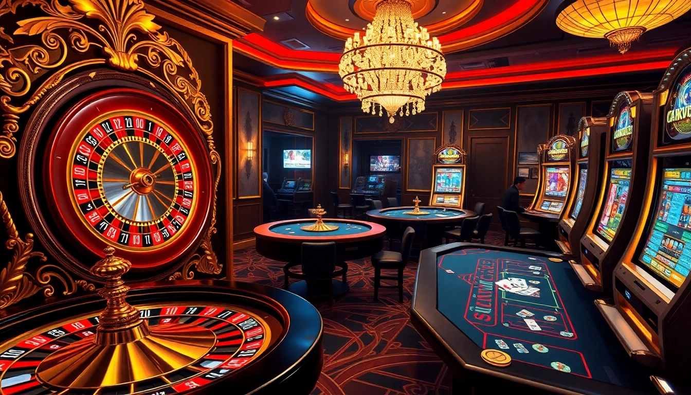 Players enjoying lively games at https://rikvip.college/, with roulette and poker tables in an upscale casino.