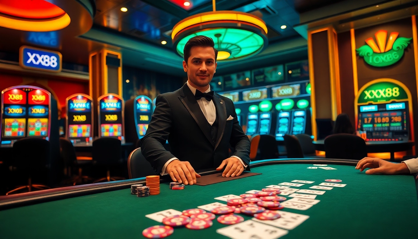 Feel the excitement of XX88 at a dazzling poker table and slot machines in a vibrant casino.