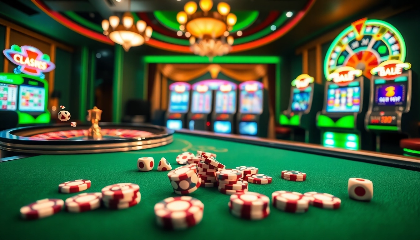 Engaging casino atmosphere showcasing the Trang chủ thabet online gambling experience with roulette, cards, and slots.