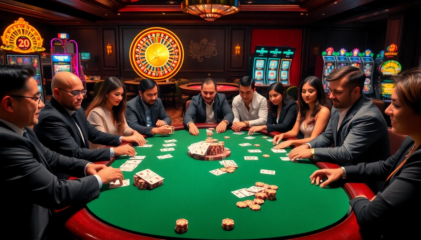 Experience thrilling moments at king88b.us.com with players immersed in an engaging poker game and vibrant casino backdrop.