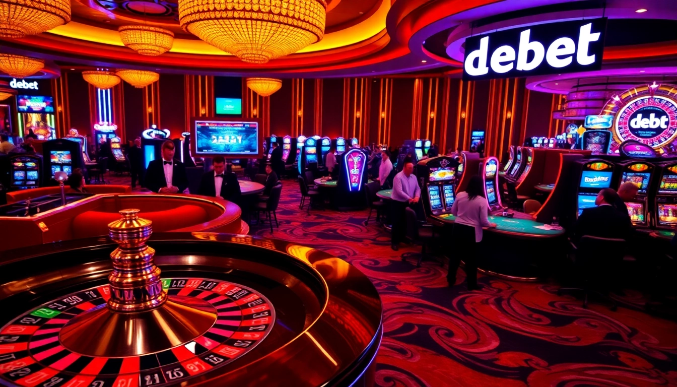 Engaged gamblers enjoying debet at a vibrant casino table with a roulette wheel and colorful chips.