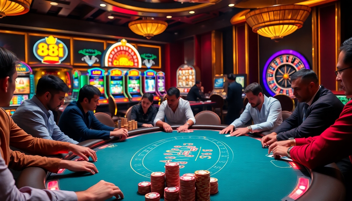Players strategy in a glamorous casino poker scene emphasizing the excitement of 88i.