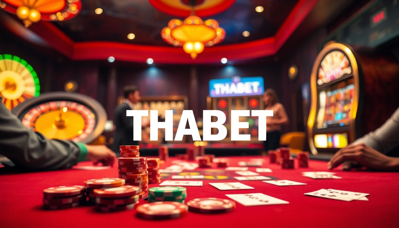 Players winning at THABET casino with poker chips and roulette in a vibrant setting.