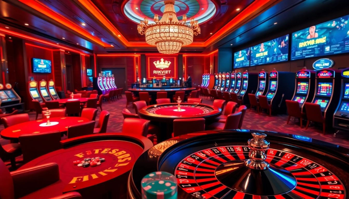 Experience the thrill of rikvip nhà cái with an engaging casino scene featuring poker tables and roulette wheels.